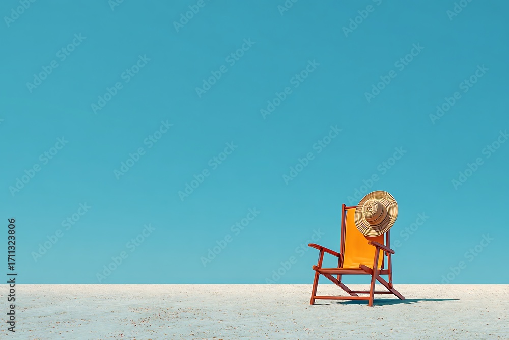 Fototapeta premium A single beach chair with a straw hat on the backrest, the sand is smooth and open, conveying a sense of summer relaxation.