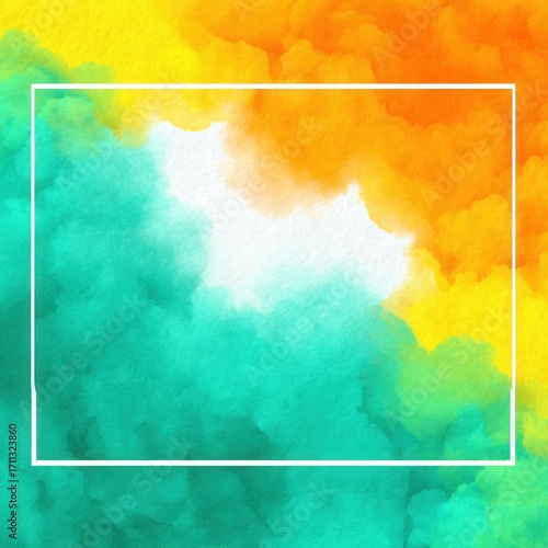 Colorful smoky background with a bright square frame. The colors transition from teal to yellow to orange. Watercolor texture is apparent