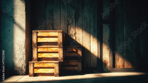 Rustic Wooden Crates Leaning Against A Weathered Wall With Soft Light Creating Dramatic Shadows in a Vintage Setting