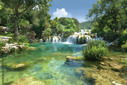 Serene cascade with emerald pool below, lush greenery surrounds gentle waterfalls beneath blue skies. Nature painting with peaceful scene
