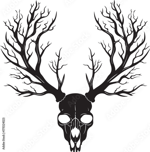 Deer skull with tree branches antlers illustration design