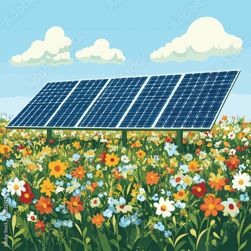 Solar panels stand on a spacious field among flowers. An alternative way to get energy. Green energy, eco friendliness. AI generation , vector style simple color