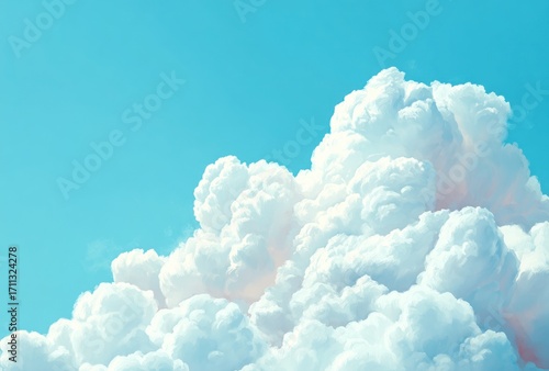 Majestic cumulus clouds, painted in fluffy detail, fill the frame against a bright turquoise sky. Soft light creates dimension and depth
