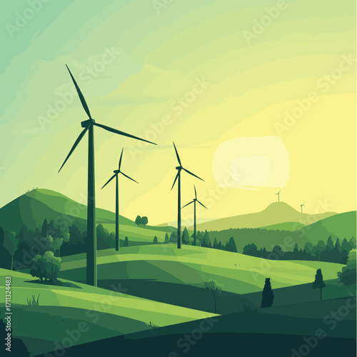 Modern wind farm in a green-lit environment, showcasing renewable energy solutions for a sustainable future with wind power. , vector style simple color