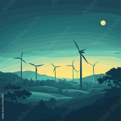 Modern wind farm in a green-lit environment, showcasing renewable energy solutions for a sustainable future with wind power. , vector style simple color