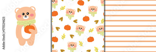Wallpaper Mural set of card, wallpaper and pattern with cartoon bear and pumpkin for autumn vibe. autumn collection pack Torontodigital.ca