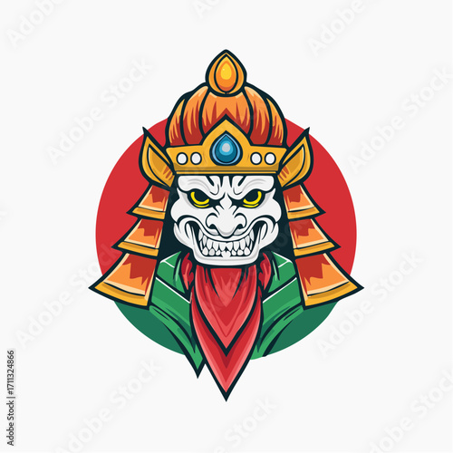 Illustration of a fierce Japanese Oni demon mask with a traditional kabuto helmet, embodying the mythical warrior spirit of ancient folklore