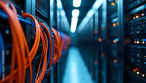 Tangled mass of orange and blue wires, connecting technology infrastructure, server room - chaos and complexity in IT network, datacenter hardware, computing systems, and communication cables