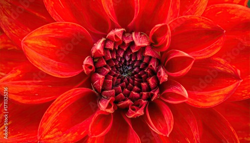 Closeup of a Vibrant Red and Orange Dahlia Flower with Intricate Petal Patterns and a Dark Center in Detailed Macro Photography