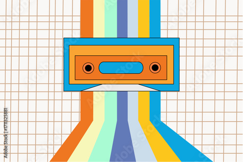 Retro background cassette tape and colorful stripes shapes concept design. Vector illustration.