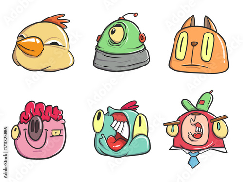 Set of Funny Cartoon Monster and Animal Faces Vector Illustration