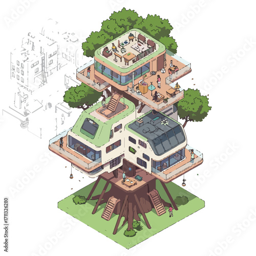 Innovative Vector Illustration: Sustainable Community Treehouse for Eco-Conscious Future Living and Work-Life Integration