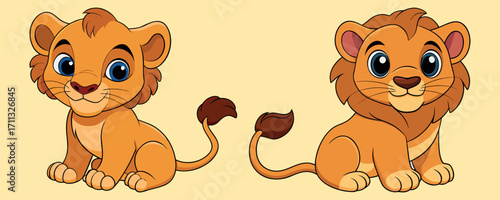Cartoon Lion Pair – Cute Jungle King Characters, Friendly Safari Lions Artwork, Happy Baby Lion Illustration, Kids Lion Cartoon Art, Cartoon Jungle Animals Drawing, Pair of Smiling Lions, Cartoon Afri