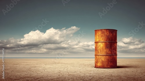 Rusty Metal Barrel Standing Alone on Dry Desert Landscape Under Dramatic Cloudy Sky and Ocean in Background