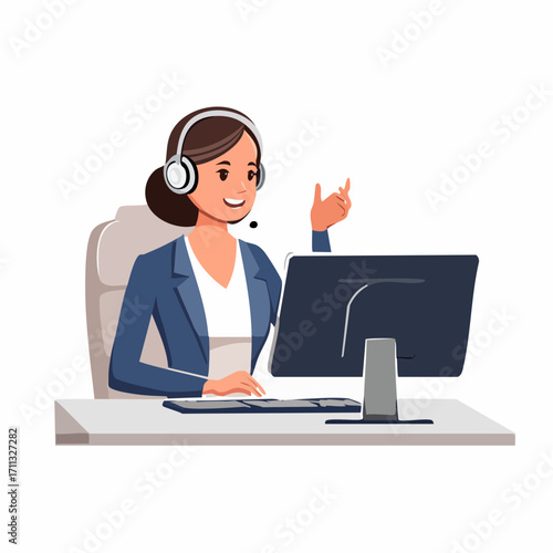 Operator wearing headset at computer cold calling to a potencial client. Cold calling, old school marketing, telemarketing sales concept. Pink coral blue vector isolated illustration