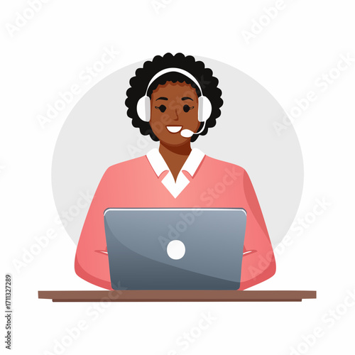Operator wearing headset at computer cold calling to a potencial client. Cold calling, old school marketing, telemarketing sales concept. Pink coral blue vector isolated illustration