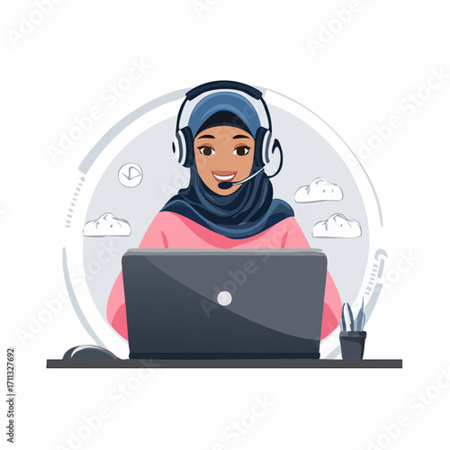 Operator wearing headset at computer cold calling to a potencial client. Cold calling, old school marketing, telemarketing sales concept. Pink coral blue vector isolated illustration