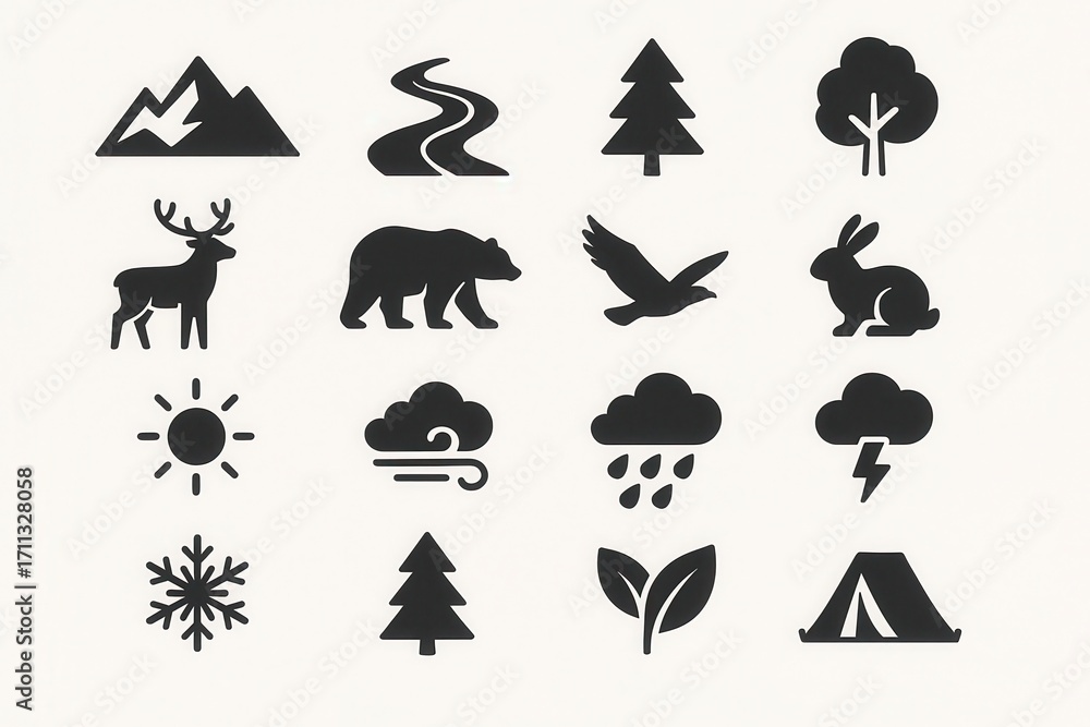 Naklejka premium Comprehensive nature icon collection featuring essential outdoor elements for environmental design projects