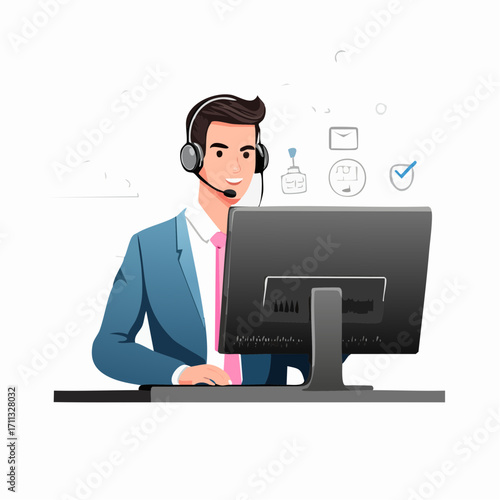 Operator wearing headset at computer cold calling to a potencial client. Cold calling, old school marketing, telemarketing sales concept. Pink coral blue vector isolated illustration
