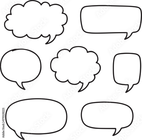 Hand drawn speech bubbles, cartoon doodle communication elements, empty talk balloons with shadow