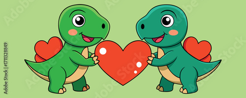 Cartoon Dinosaurs Holding Hearts – Cute Valentine Dinosaur Characters, Funny Love Drawing, Child Friendly Comic Art, Happy Dinosaur Couple Illustration

