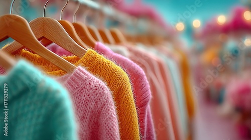 Colorful sweaters hanging on wooden hangers in a store or closet setting.