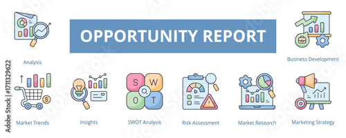 Opportunity Report Lineal Color Banner Web Icon Set Vector Illustration, Analysis Market Trend Insight SWOT Risk Assessment Research Marketing Strategy Business Development 