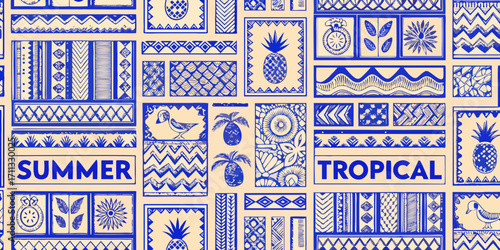 Vibrant blue and beige tropical pattern with summer and tropical text