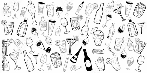 Collection of hand drawn black and white alcoholic and non alcoholic beverages and drinks