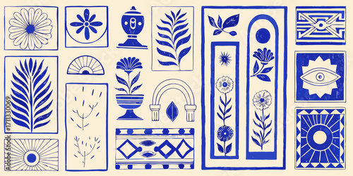 Abstract blue line art botanical and geometric patterns on cream background