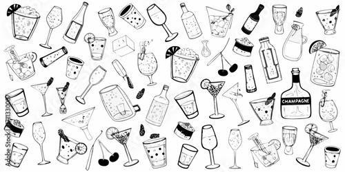 A whimsical hand drawn collection of various alcoholic and non alcoholic drinks and party items