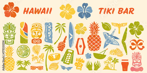 Vibrant hawaiian tiki bar tropical vacation paradise elements collection