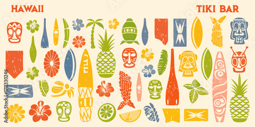 Hawaiian tiki bar tropical paradise collection of icons and symbols