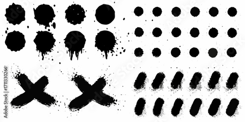 Papier peint Collection of black ink splatters drips and brush stroke elements on white backg