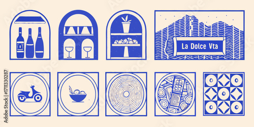 Collection of charming blue and cream illustrations depicting italian lifestyle elements and abstract patterns