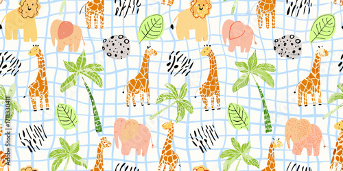 Cute cartoon safari animals and tropical leaves pattern on a blue grid background
