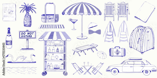 Collection of hand drawn vacation and travel elements including a car beach chairs umbrella and drinks