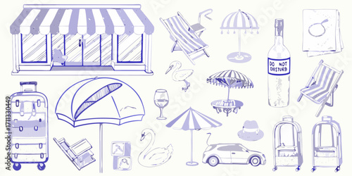 Collection of vacation and travel related hand drawn illustrations in purple and white