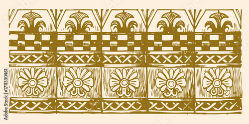 Ornate vintage floral and geometric border design in sepia tones