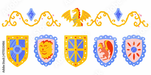 Whimsical medieval shields and dragon border with jewels and swirls