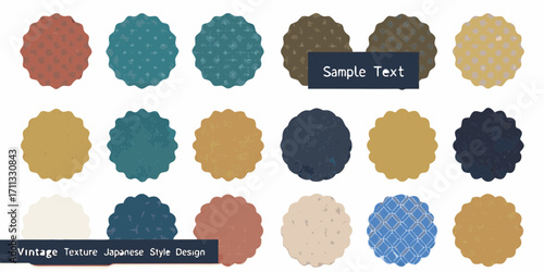 Collection of vintage textured circular shapes with scalloped edges in various earthy and blue tones