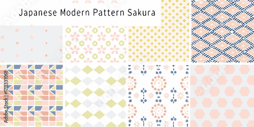 Collection of japanese inspired modern seamless patterns featuring sakura flower motifs and geometric designs