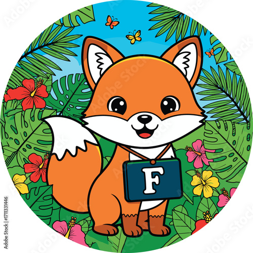 Cute Fox Holding Letter F Jungle Vector
