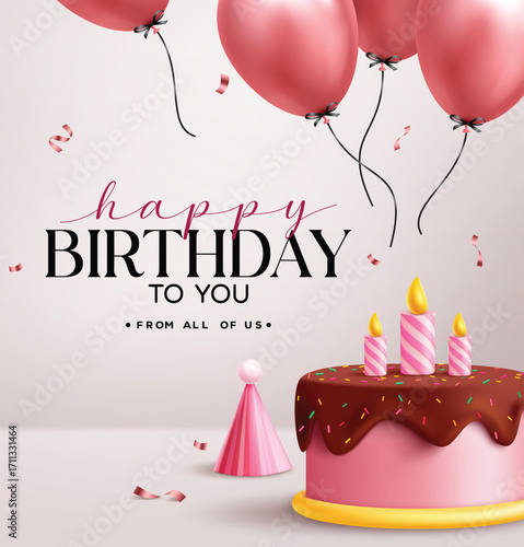 Happy Birthday greeting text clipart design. Pink birthday cake and floating balloons with greeting text clip art for kid girl invitation card template in simple background vector illustration.
