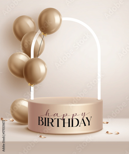 Birthday Podium clipart poster design. Happy Birthday greeting text in beige Podium clip art with balloons in white frame for birth day product demonstration in simple background banner template 