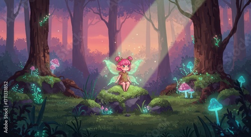 Cute sprite child with sparkling emerald aura, perched on a moss-covered rock in a dreamy magical forest