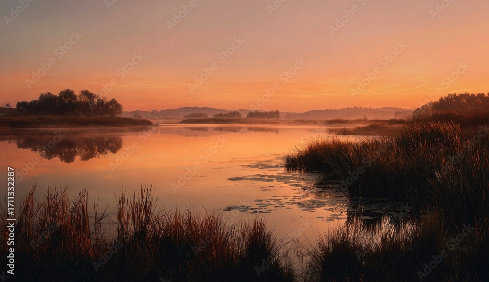 Obraz premium Serene sunrise over calm lake, misty morning