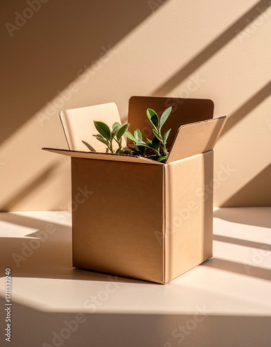 Green Plant Resting in Kraft Paper Box Bathed in Sunlight