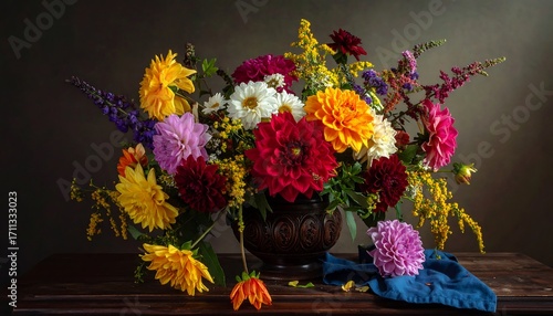 Wallpaper Mural A still-life bouquet of diverse, vibrant blooms overflowing from a dark, ornate vase on a wooden surface Torontodigital.ca