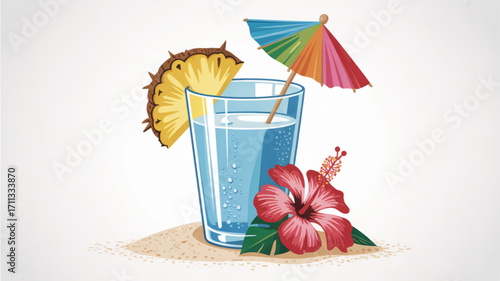 Tropical cocktail drink with pineapple hibiscus and umbrella summer vacation beach party illustration art